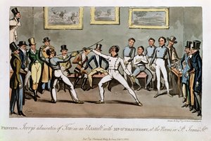 Esgrima: A admiração de Jerry por Tom em um &39;Assalto&39; com o Sr. O&39;Shaunessy, nos quartos da St. James&39;s Street, de &39;Life in London&39; de Pierce Egan, 1821 (colorido aquatint) de Isaac, Robert and George Cruikshank